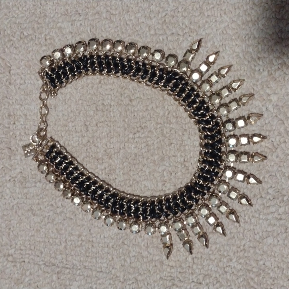 BCBGMaxAzria Gold Tone Black Leather Collar Statement Necklace